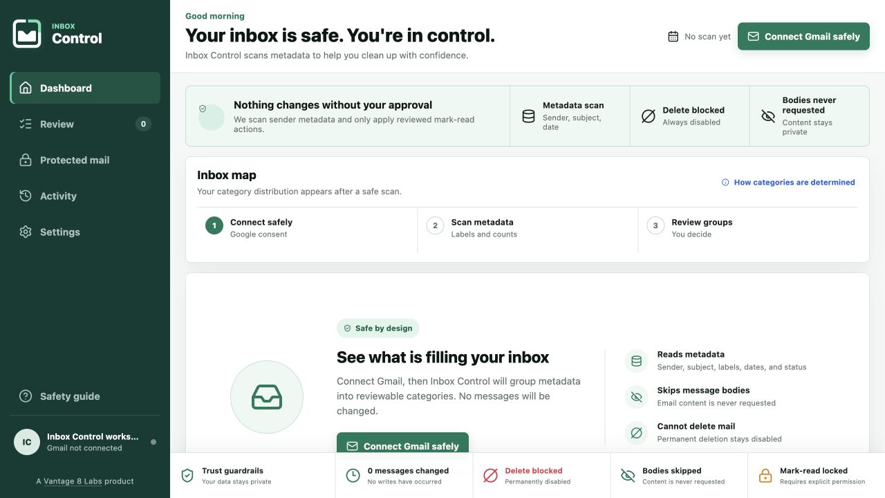 Inbox Control dashboard showing safe metadata scan controls and trust guardrails