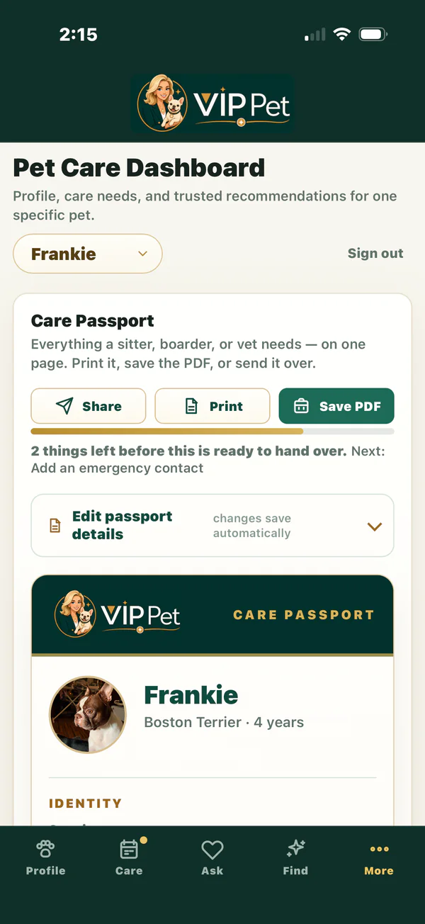 VIP Pet Care Passport with share, print, and save PDF controls, plus a reminder to complete missing details.